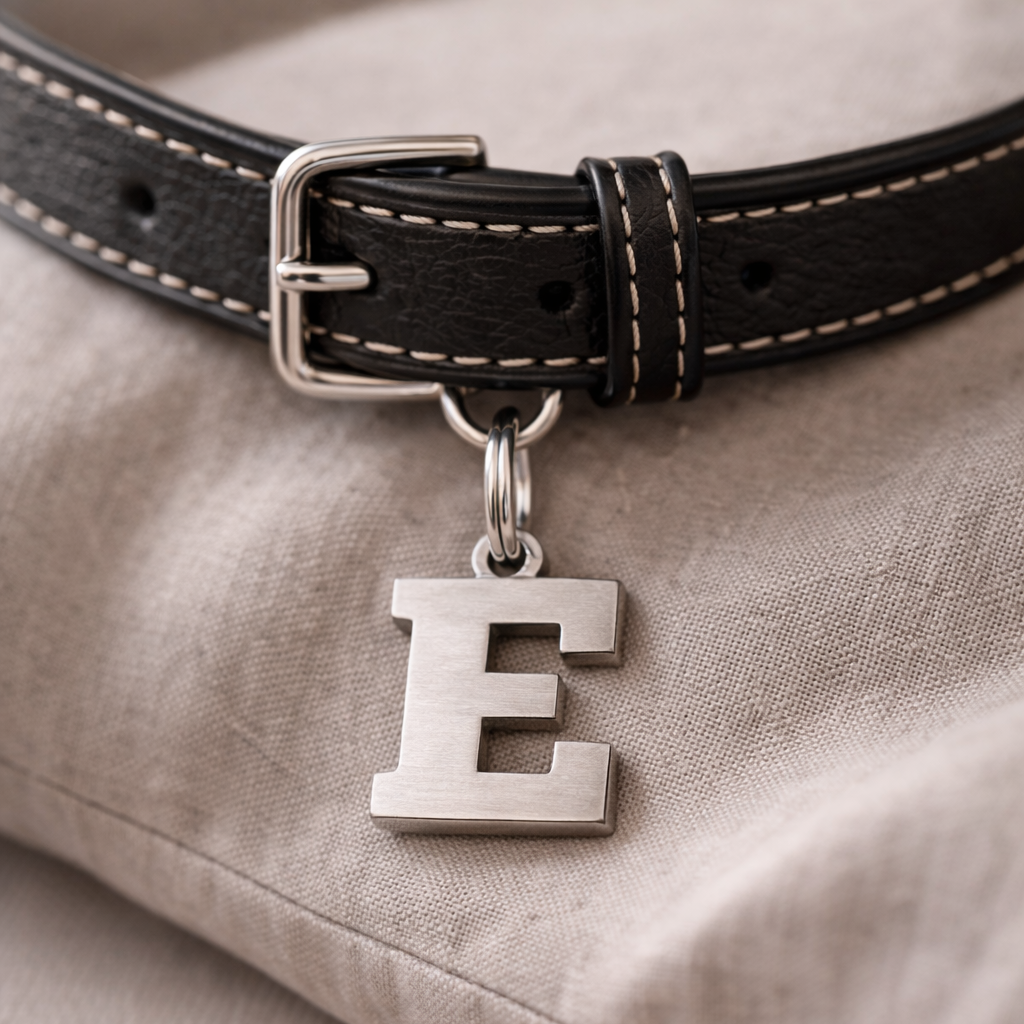 Black leather dog collar with a silver 'E' charm on a beige fabric background