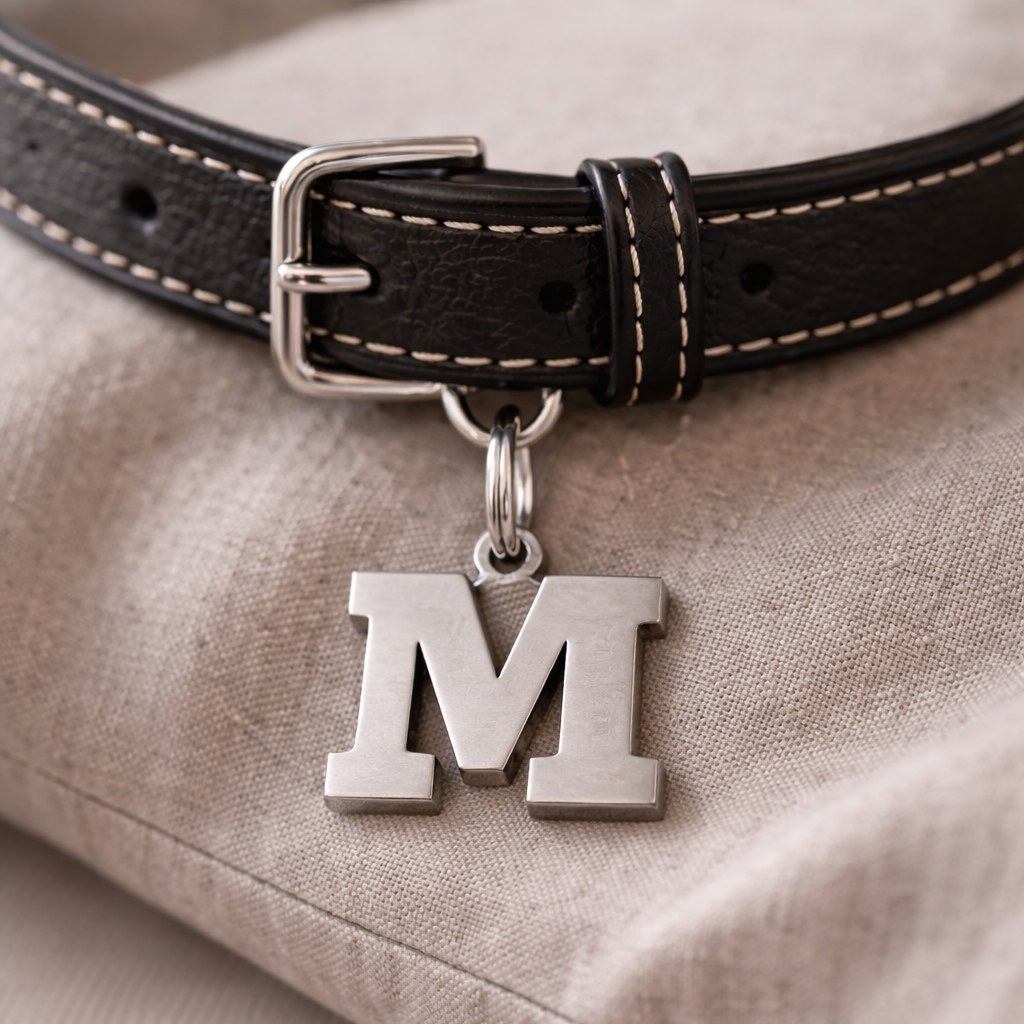 Dog collar with a silver 'M' charm on a beige fabric background