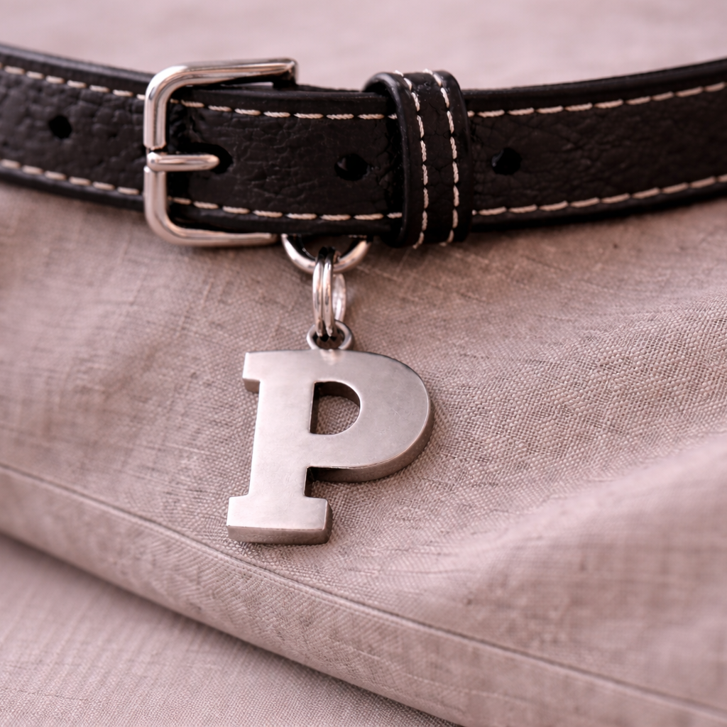 Black leather dog collar with a silver 'P' charm on a beige fabric background